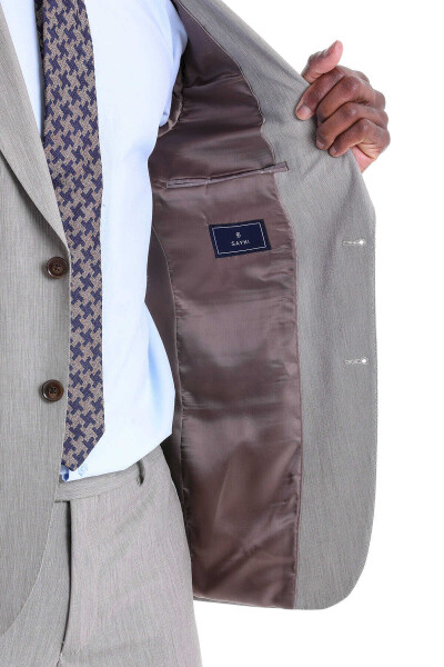 Bej Slim Fit Desenli Sivri Yaka Klasik Takım Elbise - 6