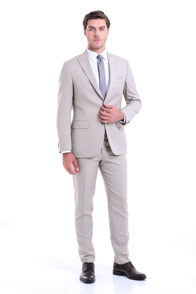 Bej Slim Fit Desenli Sivri Yaka Klasik Takım Elbise - 1