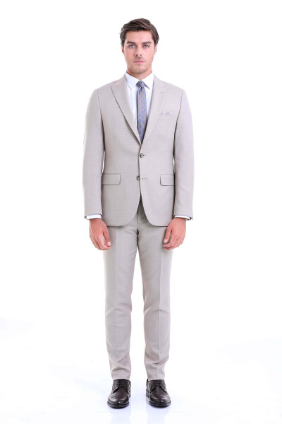 Bej Slim Fit Desenli Sivri Yaka Klasik Takım Elbise - 2