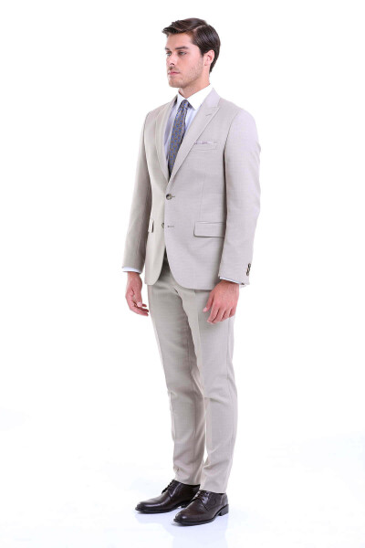 Bej Slim Fit Desenli Sivri Yaka Klasik Takım Elbise - 3