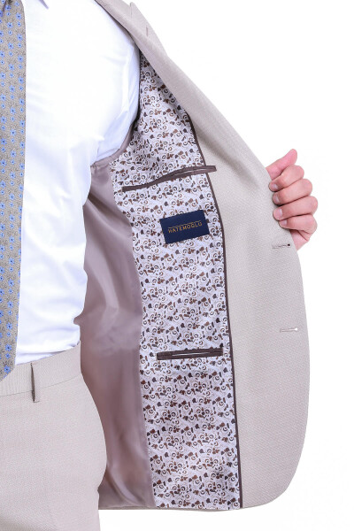 Bej Slim Fit Desenli Sivri Yaka Klasik Takım Elbise - 5