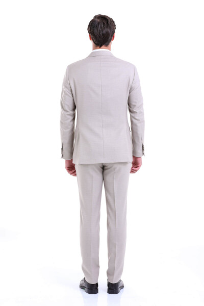 Bej Slim Fit Desenli Sivri Yaka Klasik Takım Elbise - 6