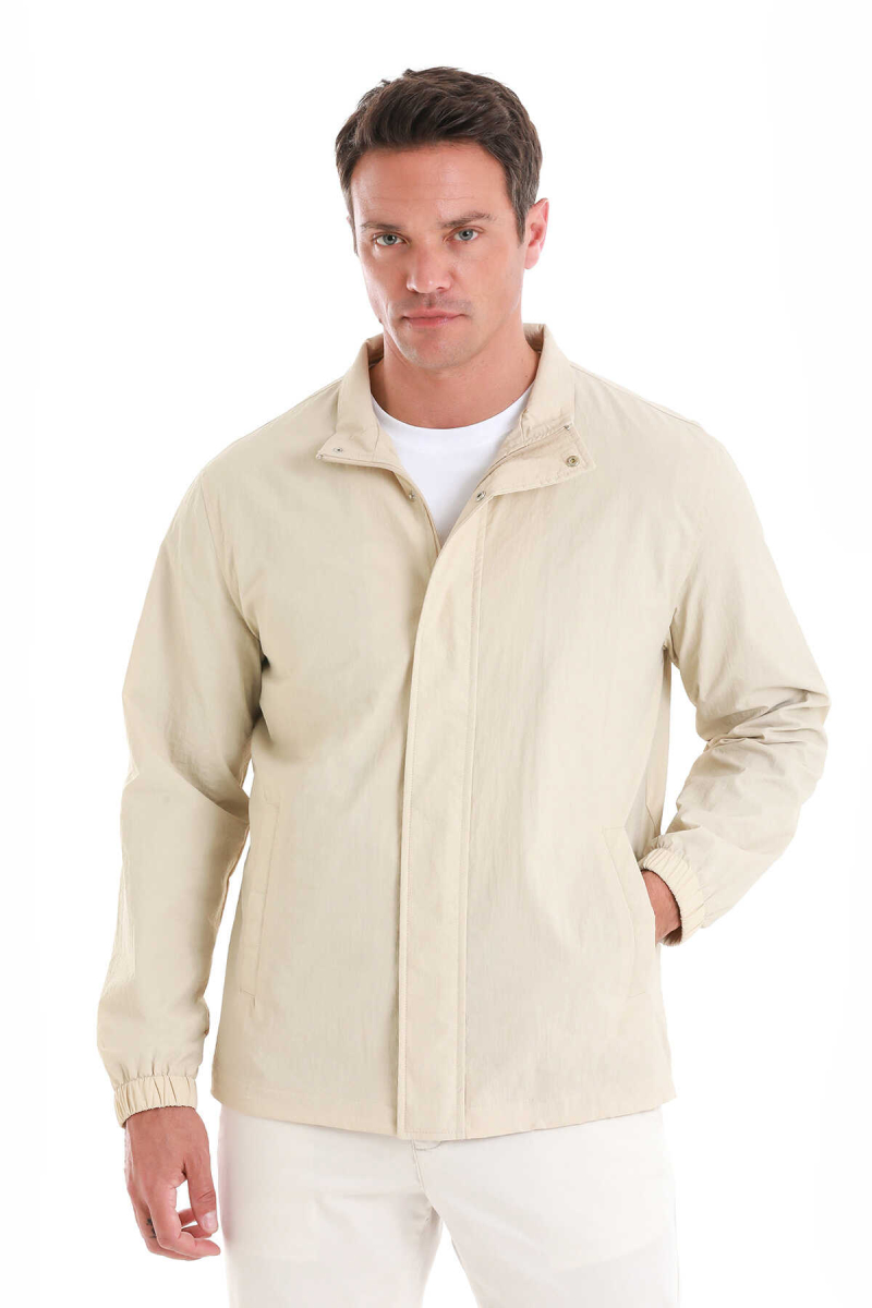 Bej Slim Fit Düz Dik Yaka Mevsimlik Mont - HTML