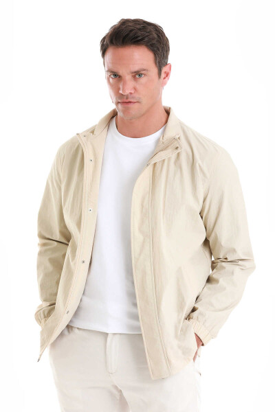 Bej Slim Fit Düz Dik Yaka Mevsimlik Mont - 3