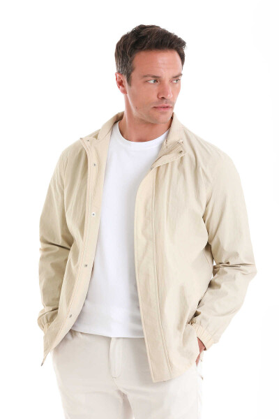 Bej Slim Fit Düz Dik Yaka Mevsimlik Mont - 4