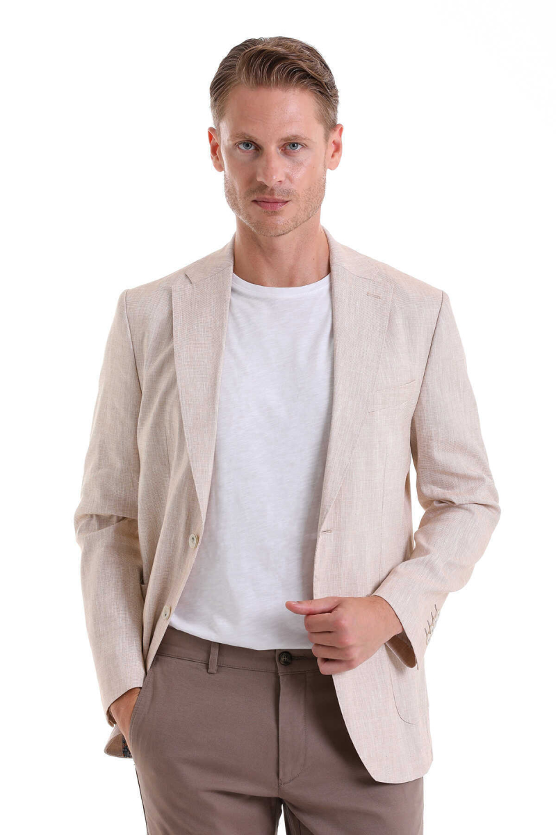 Bej Slim Fit Mono Yaka Casual Keten Ceket - Hatem Saykı