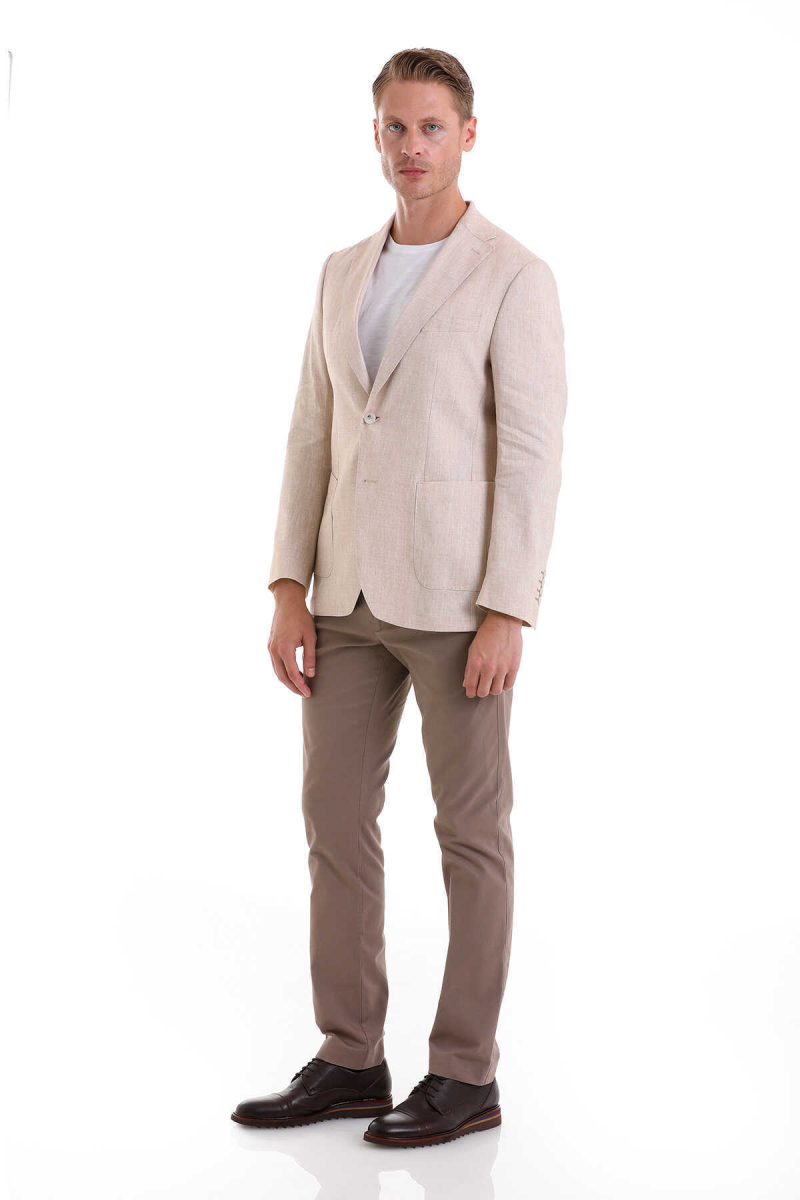 Bej Slim Fit Mono Yaka Casual Keten Ceket - Hatem Saykı (1)