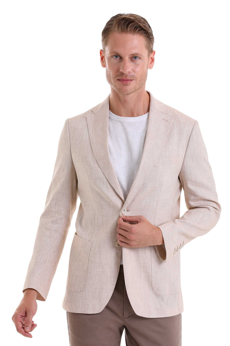 Bej Slim Fit Mono Yaka Casual Keten Ceket - Hatem Saykı (1)