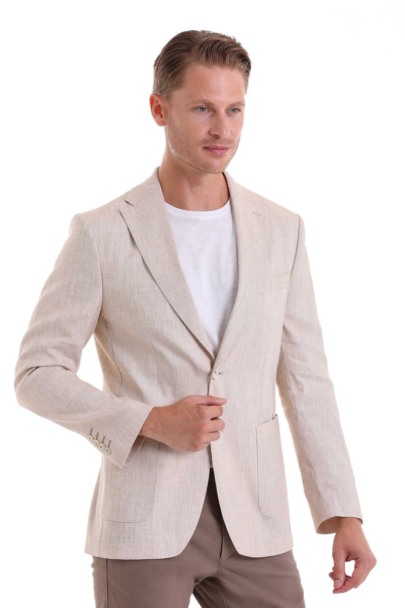 Bej Slim Fit Mono Yaka Casual Keten Ceket - Hatem Saykı (1)