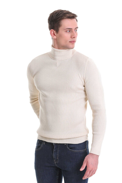 Bej Slim Fit Fitilli Balıkçı Yaka Yünlü Triko Kazak - 2