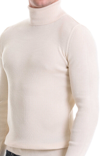 Bej Slim Fit Fitilli Balıkçı Yaka Yünlü Triko Kazak - 3