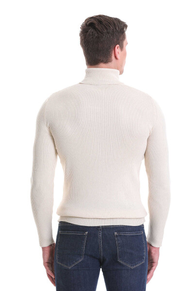 Bej Slim Fit Fitilli Balıkçı Yaka Yünlü Triko Kazak - 4