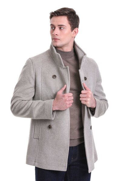 Bej Slim Fit Hakim Yaka Kruvaze Yünlü Kaşe Kaban - 4