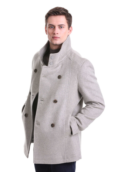 Bej Slim Fit Hakim Yaka Kruvaze Yünlü Kaşe Kaban - 5