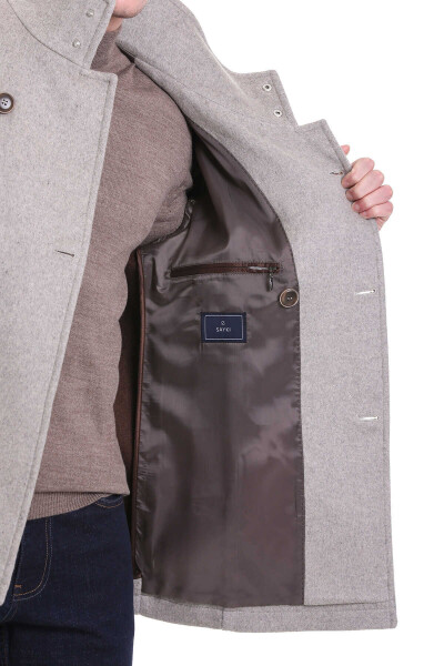 Bej Slim Fit Hakim Yaka Kruvaze Yünlü Kaşe Kaban - 8