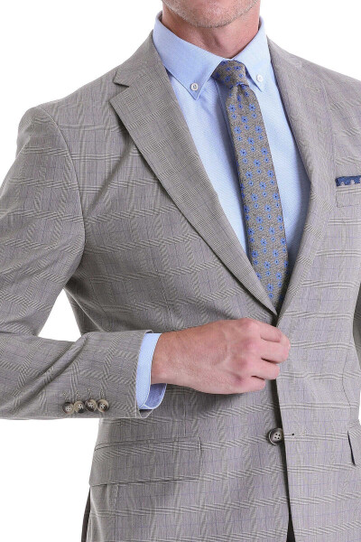 Bej Slim Fit Kareli Mono Yaka Casual Takım Elbise - 2