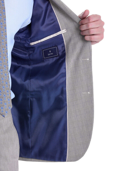 Bej Slim Fit Kareli Mono Yaka Casual Takım Elbise - 4