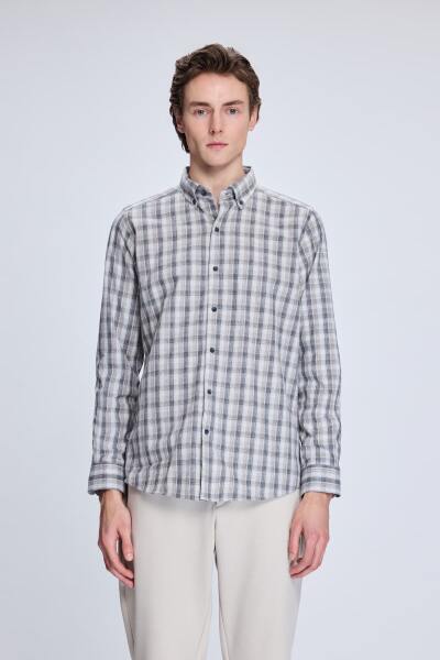 Bej Slim Fit Kareli Düğmeli Yaka Uzun Kollu Pamuklu Gömlek 
