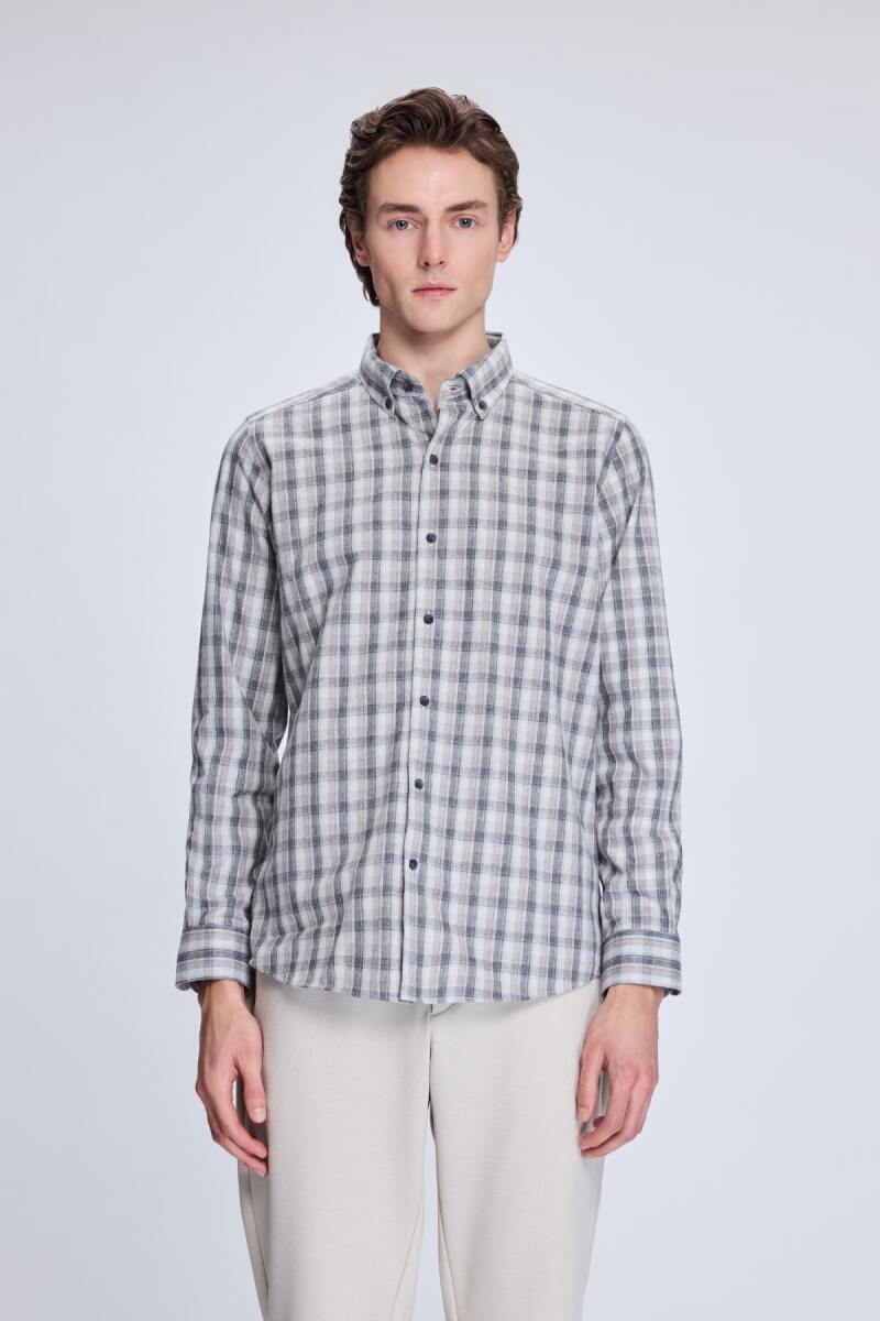 Bej Slim Fit Kareli Düğmeli Yaka Uzun Kollu Pamuklu Gömlek - Hatemoğlu