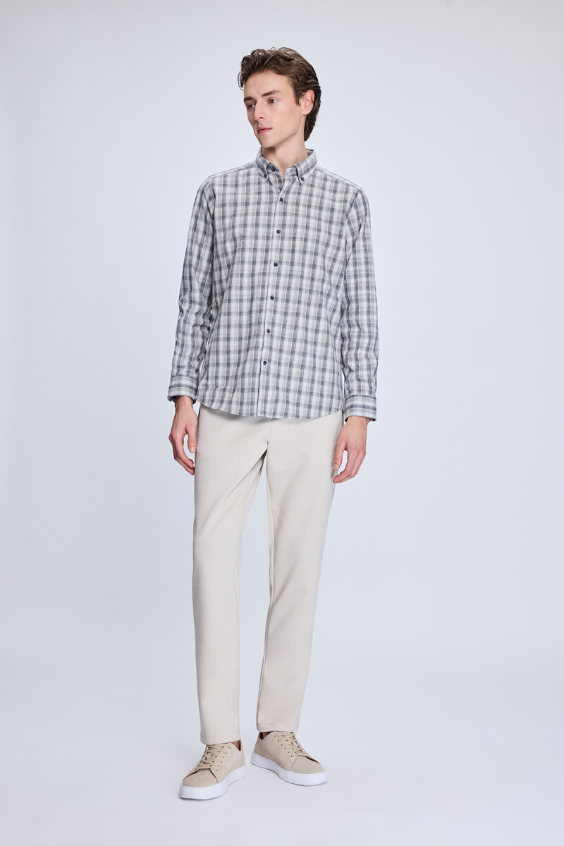 Bej Slim Fit Kareli Düğmeli Yaka Uzun Kollu Pamuklu Gömlek - Hatemoğlu (1)