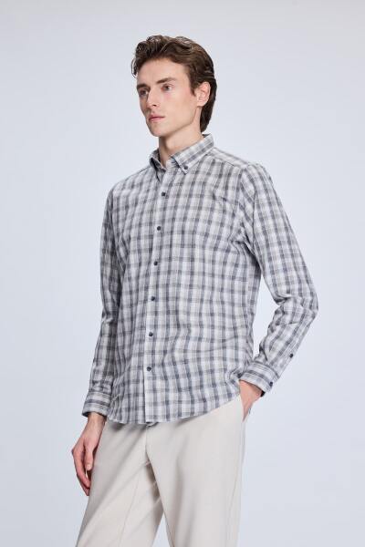 Bej Slim Fit Kareli Düğmeli Yaka Uzun Kollu Pamuklu Gömlek - 3