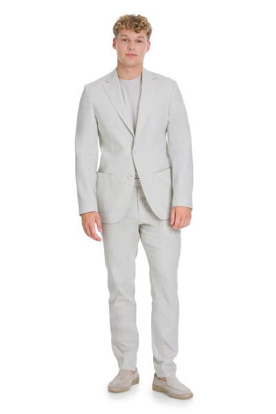 Bej Slim Fit Mono Yaka Keten Takım Elbise - 1