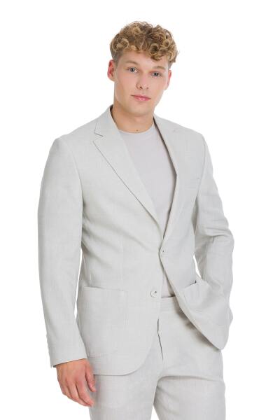 Bej Slim Fit Mono Yaka Keten Takım Elbise - 2