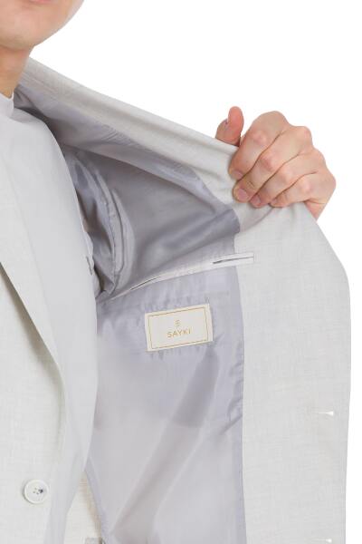 Bej Slim Fit Mono Yaka Keten Takım Elbise - 7