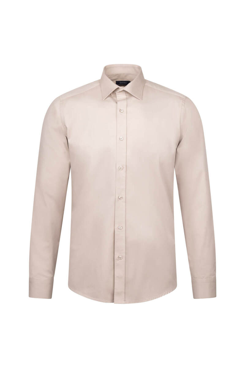 Bej Slim Fit Uzun Kollu 100% Pamuk Casual Flanel Gömlek - Hatem Saykı