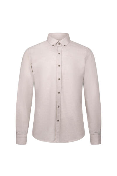 Bej Slim Fit Uzun Kollu Düğmeli Yaka Pamuklu Gömlek 