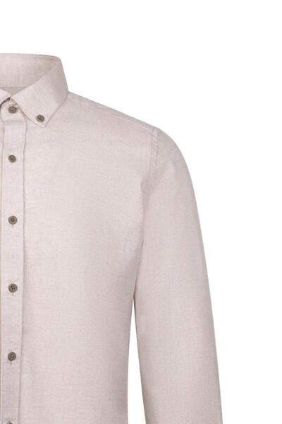 Bej Slim Fit Uzun Kollu Düğmeli Yaka Pamuklu Gömlek - 3