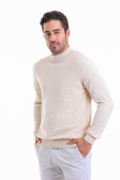 Bej Regular Fit Düz 100% Pamuk Yarım Balıkçı Yaka Triko Kazak - 1