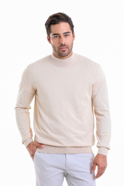 Bej Regular Fit Düz 100% Pamuk Yarım Balıkçı Yaka Triko Kazak - 3