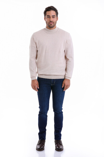 Bej Regular Fit Düz 100% Pamuk Yarım Balıkçı Yaka Triko Kazak - 3