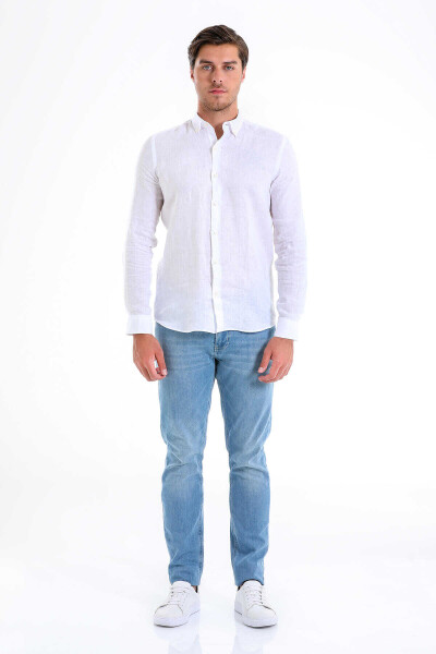 Beyaz Comfort Fit 100% Keten Düğmeli Yaka Uzun Kollu Casual Keten Gömlek - 3