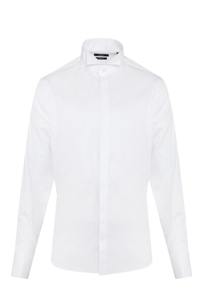 Beyaz Comfort Fit 100% Pamuk Ata Yaka Manşetli Uzun Kol Saten Damatlık Gömlek - 1