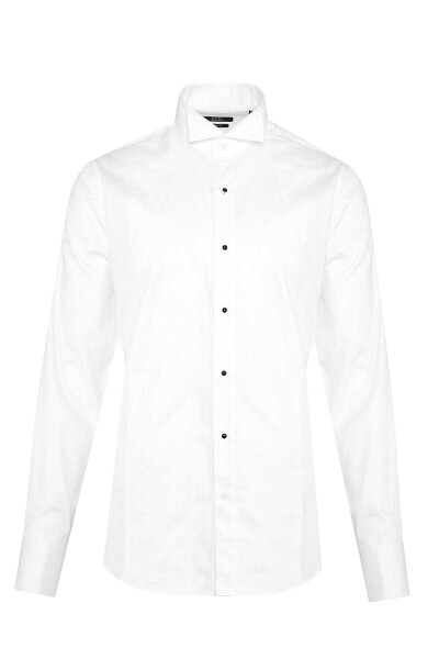 Beyaz Comfort Fit 100% Pamuk Ata Yaka Manşetli Uzun Kol Saten Damatlık Gömlek - 1