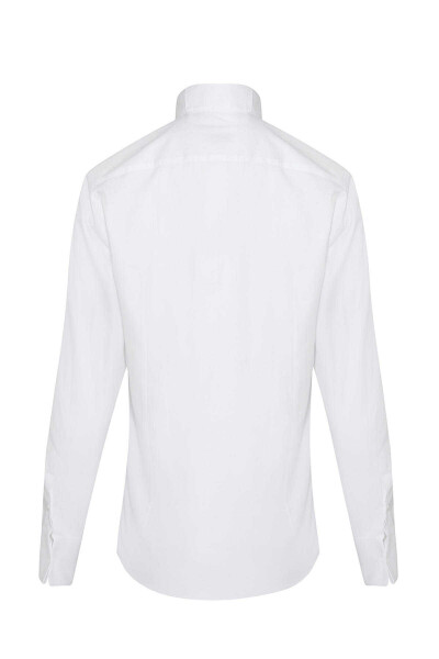 Beyaz Comfort Fit 100% Pamuk Ata Yaka Manşetli Uzun Kol Saten Damatlık Gömlek - 2