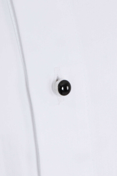 Beyaz Comfort Fit 100% Pamuk Ata Yaka Manşetli Uzun Kol Saten Damatlık Gömlek - 3