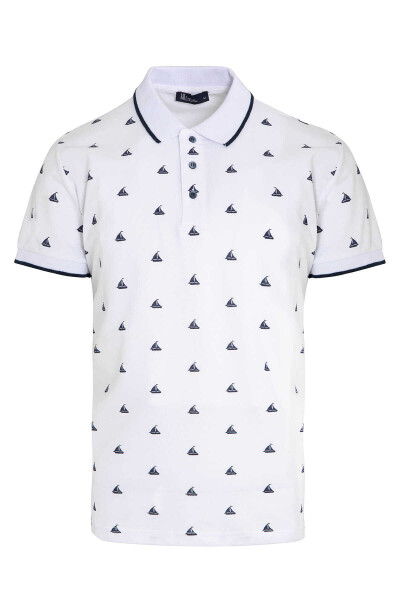 Beyaz Baskılı Polo Yaka Tişört - 1