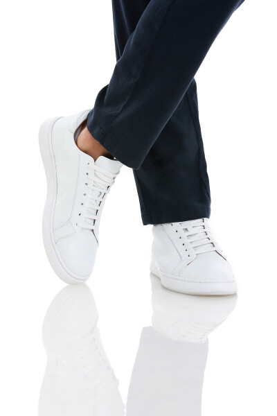 Beyaz Casual Bağcıklı Deri Sneakers - 4