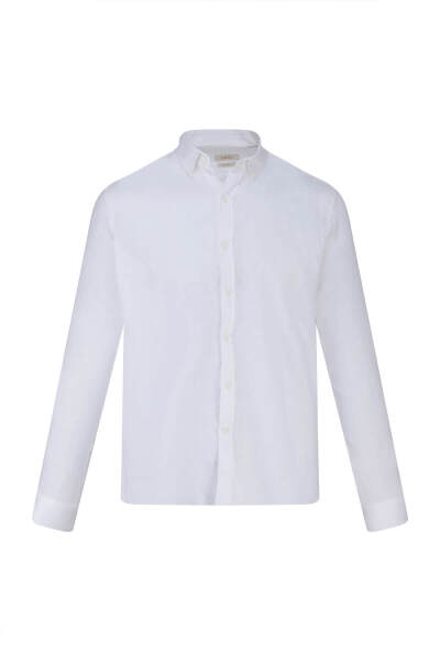 Beyaz Comfort Fit 100% Keten Düğmeli Yaka Uzun Kollu Keten Gömlek 