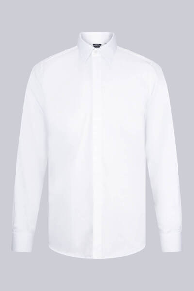 Beyaz Comfort Fit 100% Pamuk Devrik Manşet Yaka Saten Damatlık Gömlek - 1