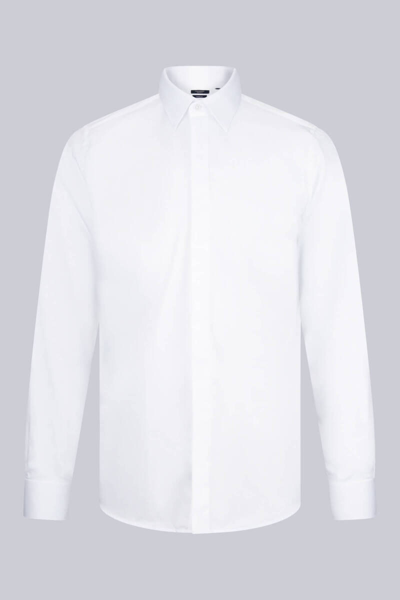 Beyaz Comfort Fit 100% Pamuk Devrik Manşet Yaka Saten Damatlık Gömlek - Saykı