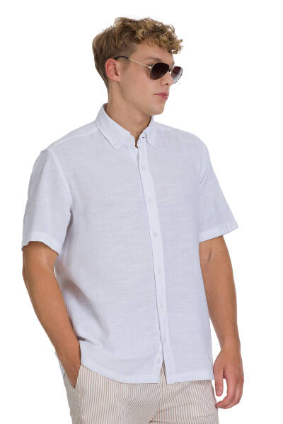 Beyaz Comfort Fit 100% Pamuk Düğmeli Yaka Kısa Kollu Pamuk Gömlek - 3