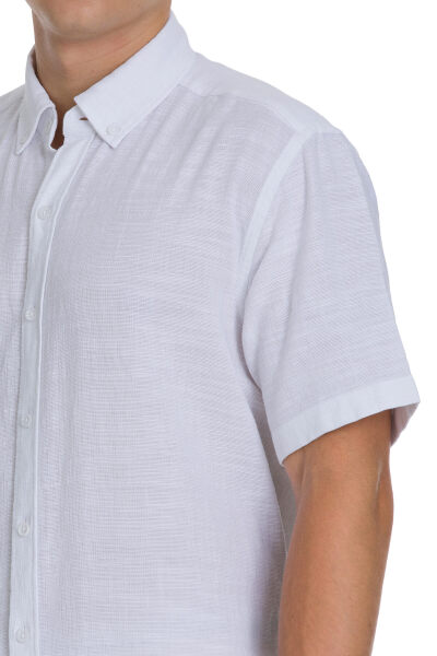 Beyaz Comfort Fit 100% Pamuk Düğmeli Yaka Kısa Kollu Pamuk Gömlek - 4