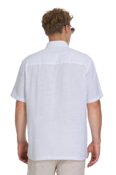 Beyaz Comfort Fit 100% Pamuk Düğmeli Yaka Kısa Kollu Pamuk Gömlek - 5