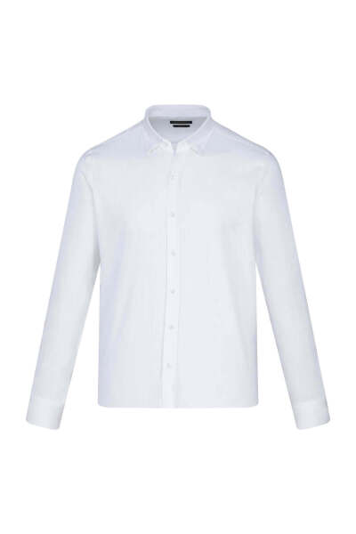 Beyaz Comfort Fit 100% Pamuk Düğmeli Yaka Uzun Kollu Casual Gömlek - 6