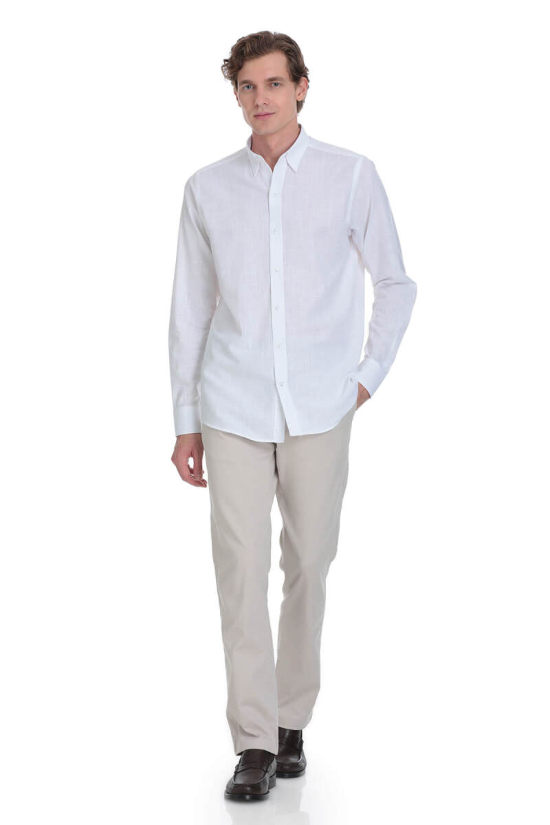 Beyaz Comfort Fit 100% Pamuk Düğmeli Yaka Uzun Kollu Casual Gömlek - Hatemoğlu (1)