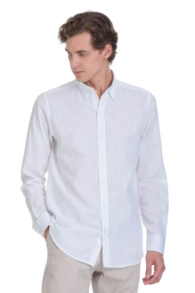 Beyaz Comfort Fit 100% Pamuk Düğmeli Yaka Uzun Kollu Casual Gömlek - 3